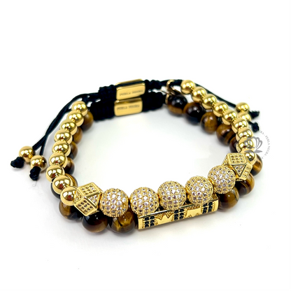 Yellow Gold Clear Cz Beads & Brown Tiger Eye Set