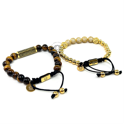 Yellow Gold Clear Cz Beads & Brown Tiger Eye Set