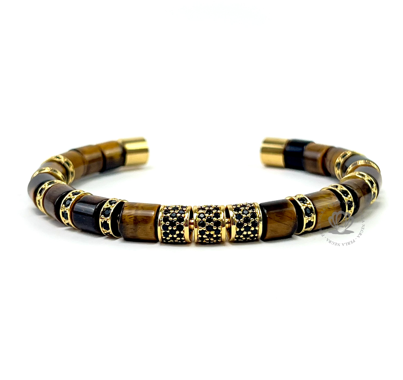 Yellow Gold Cz Barrels & Brown Tiger Eye Bracelet