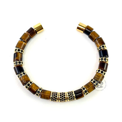 Yellow Gold Cz Barrels & Brown Tiger Eye Bracelet