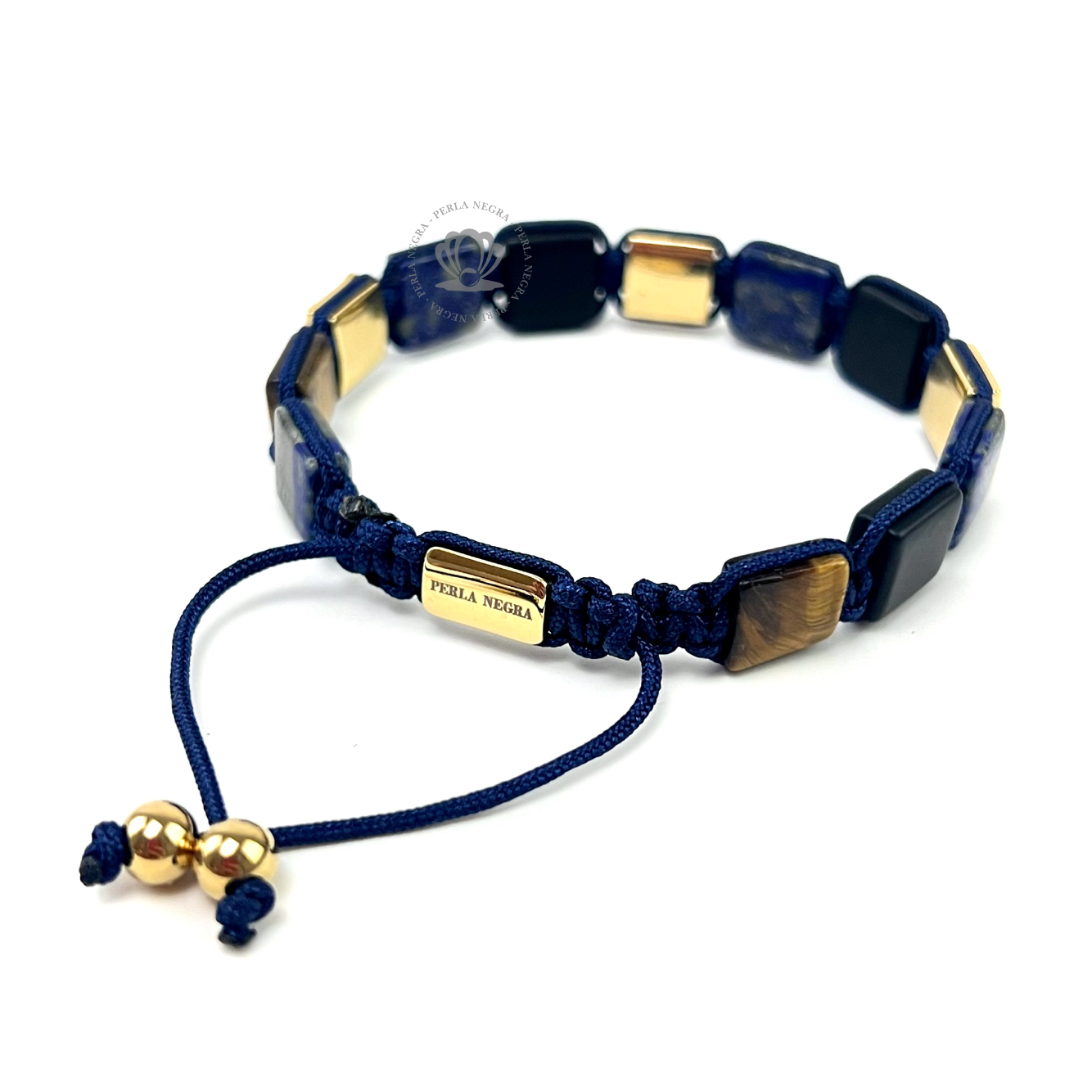 Black Onyx, Lapislázuli, Tiger Eye & Cz Square Bracelet - perlanegramx