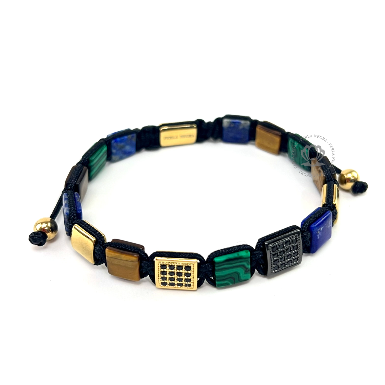 Malachite, Brown Tiger Eye, Yellow Gold & Rhodium Cz Square Bracelet - perlanegramx