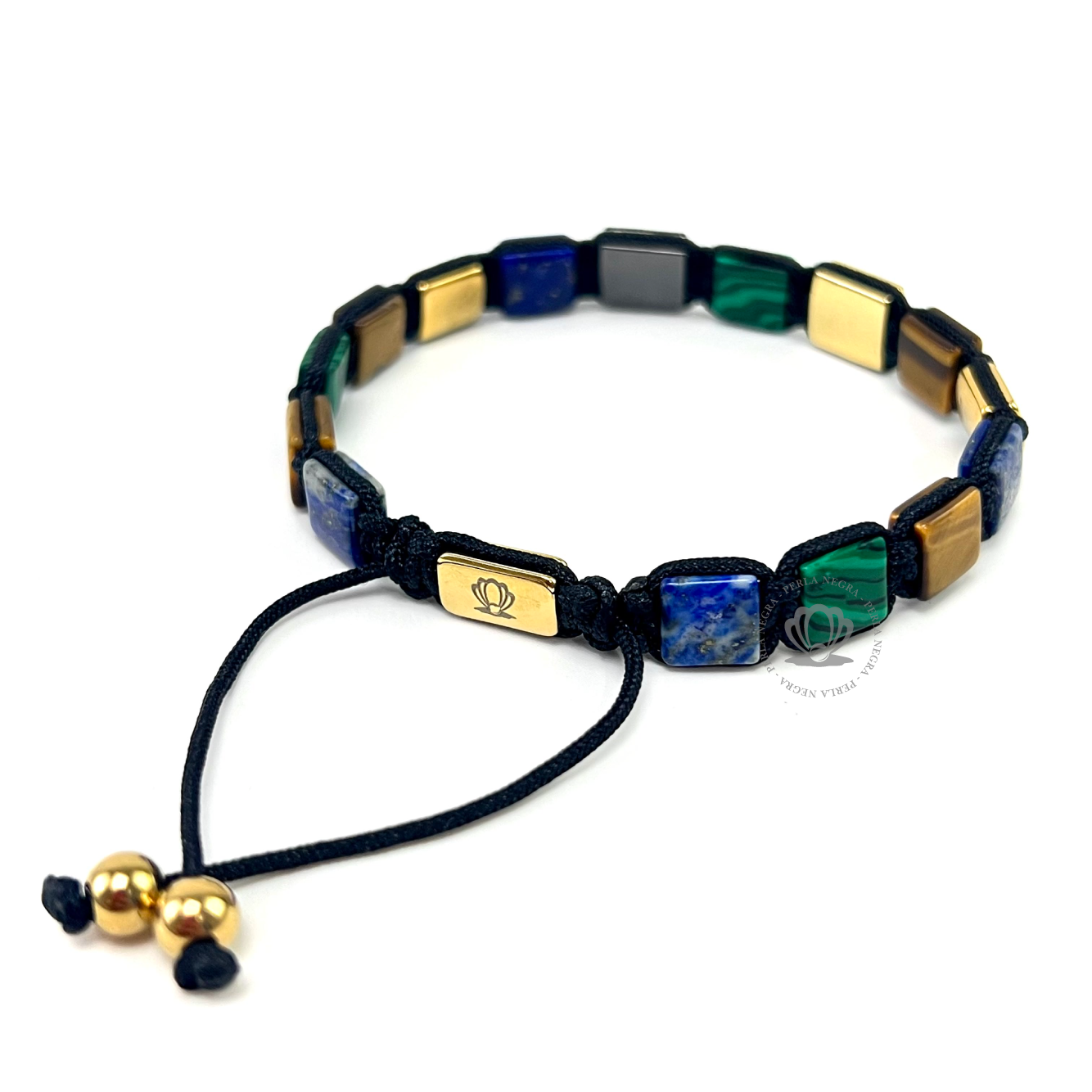 Malachite, Brown Tiger Eye, Yellow Gold & Rhodium Cz Square Bracelet - perlanegramx