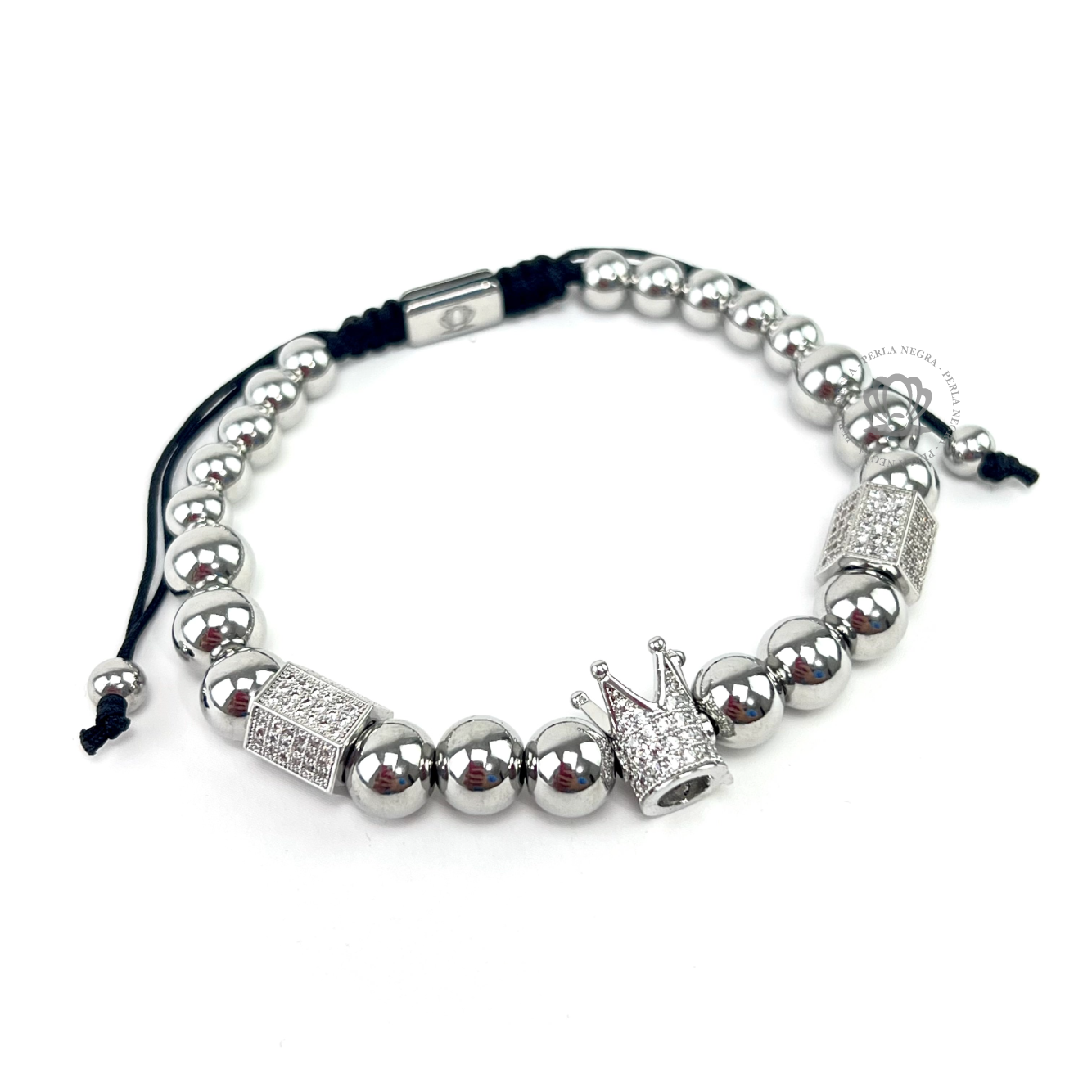 White Gold Cz Crown & Silver Stainless Steel Beads