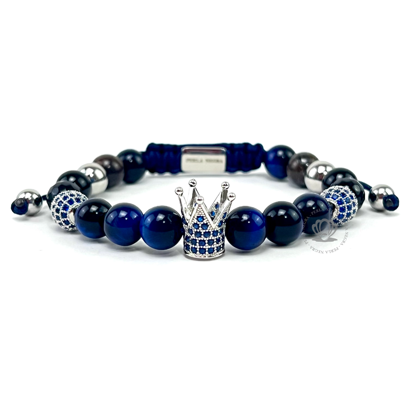 White Gold Cz Crown, White Gold Jaguar & Blue Tiger Eye Beads