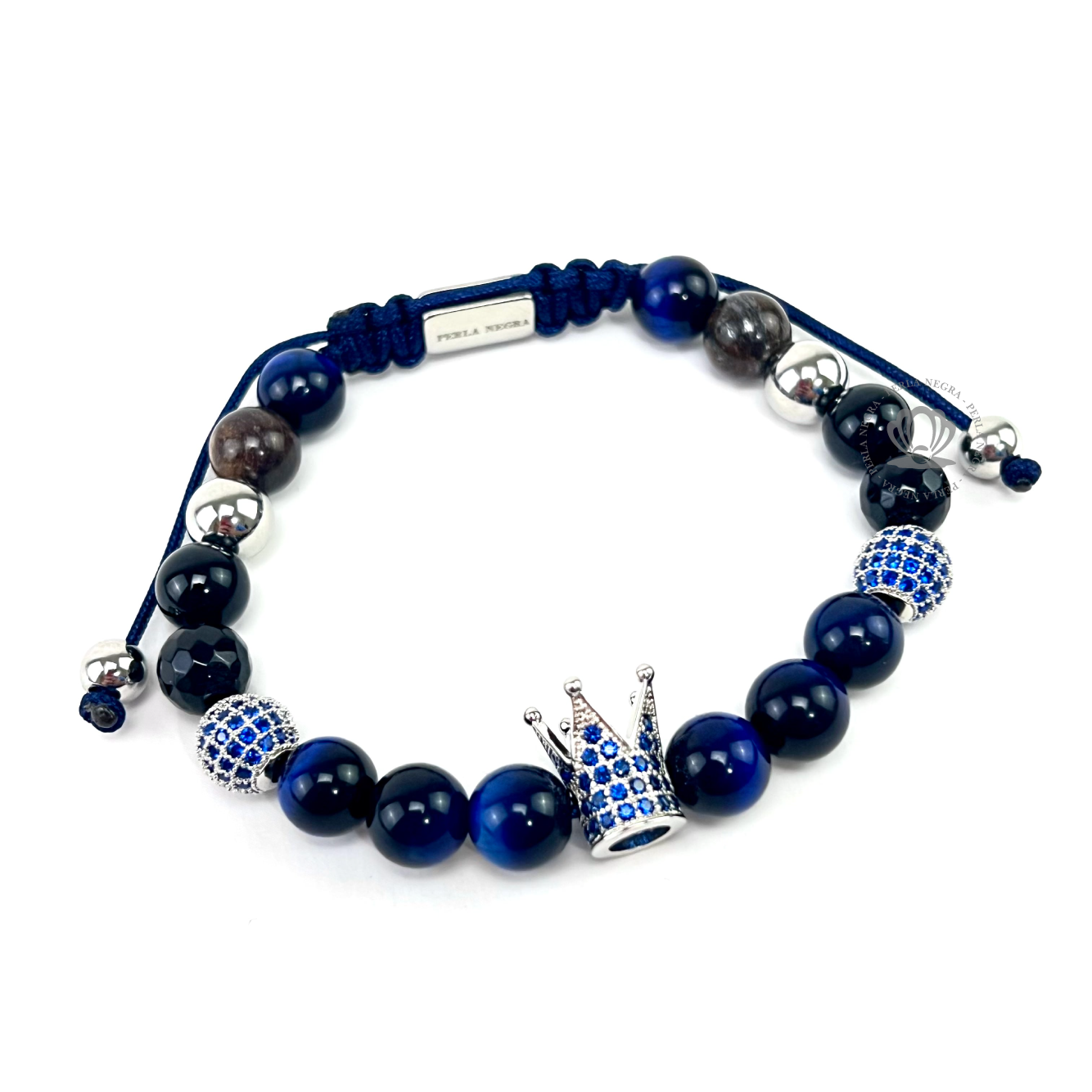 White Gold Cz Crown, Blue Tiger Eye Bracelet - perlanegramx