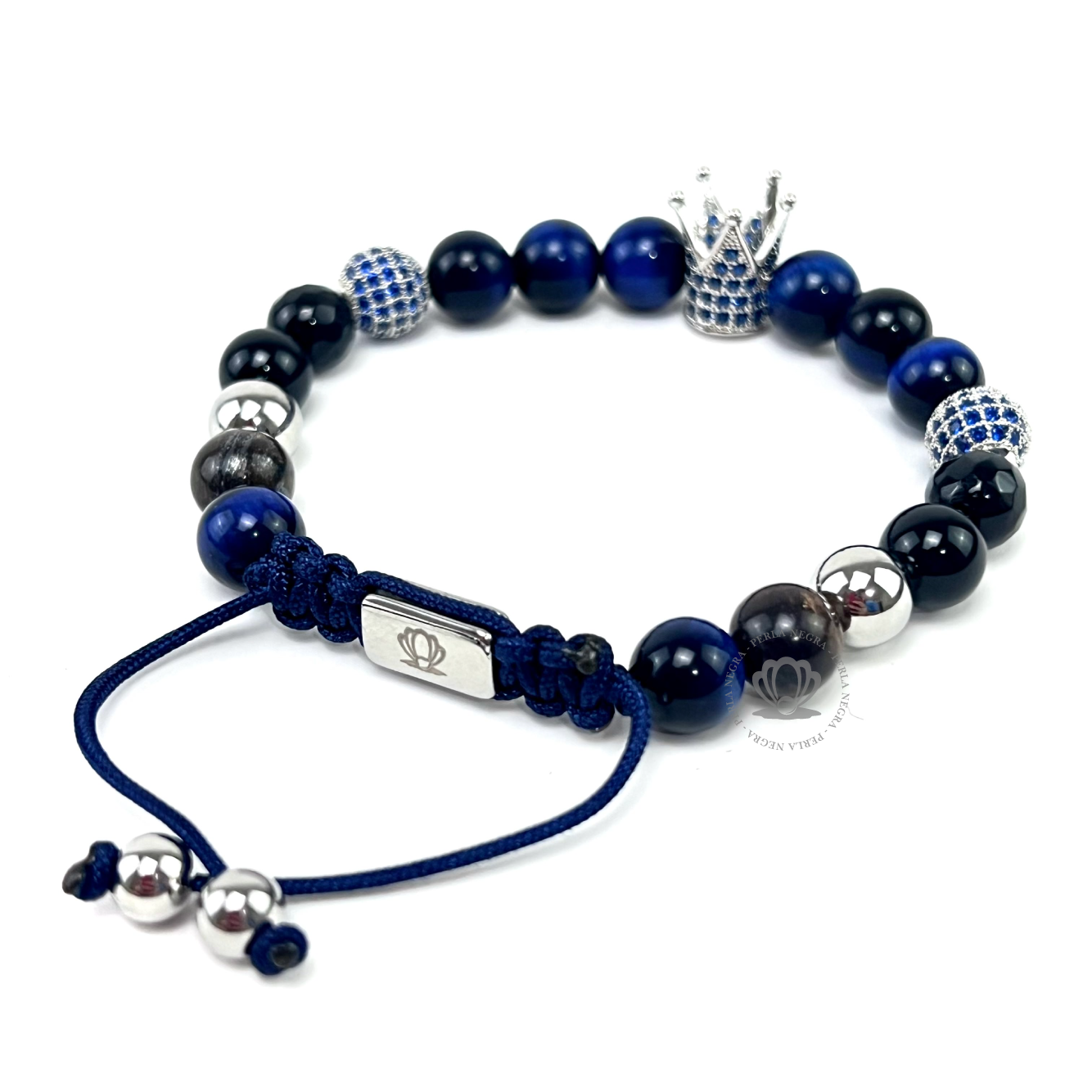 White Gold Cz Crown, Blue Tiger Eye Bracelet - perlanegramx