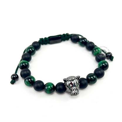 Rhodium Cz Jaguar & Green Tiger Eye Bracelet