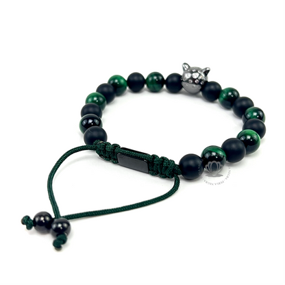 Rhodium Cz Jaguar & Green Tiger Eye Bracelet