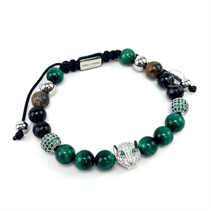 Silver Jaguar Green Cz , Green Tiger Eye & Agata Bracelet