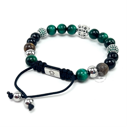 Silver Jaguar Green Cz , Green Tiger Eye & Agata Bracelet