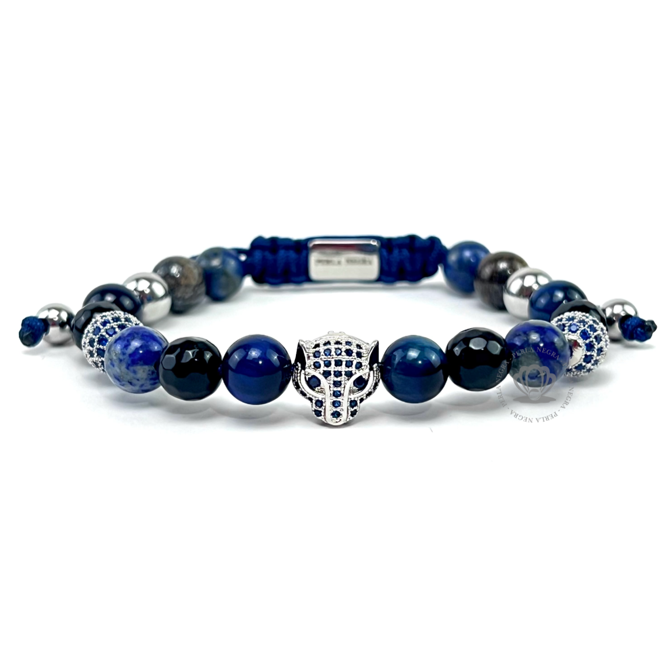 White Gold Cz Crown, White Gold Jaguar & Blue Tiger Eye Beads