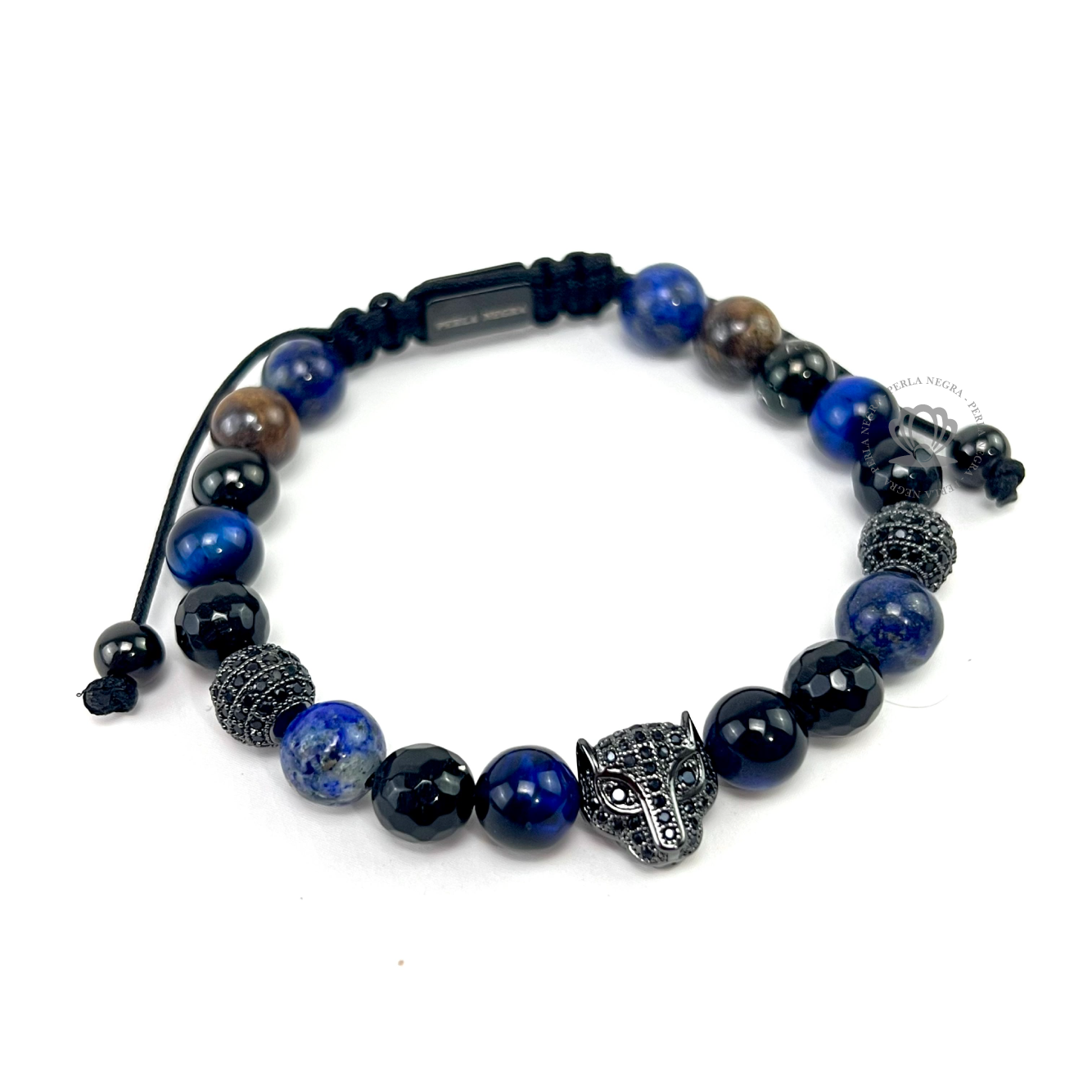 Rhodium Jaguar Black Cz, Blue Tiger Eye & Agata Bracelet