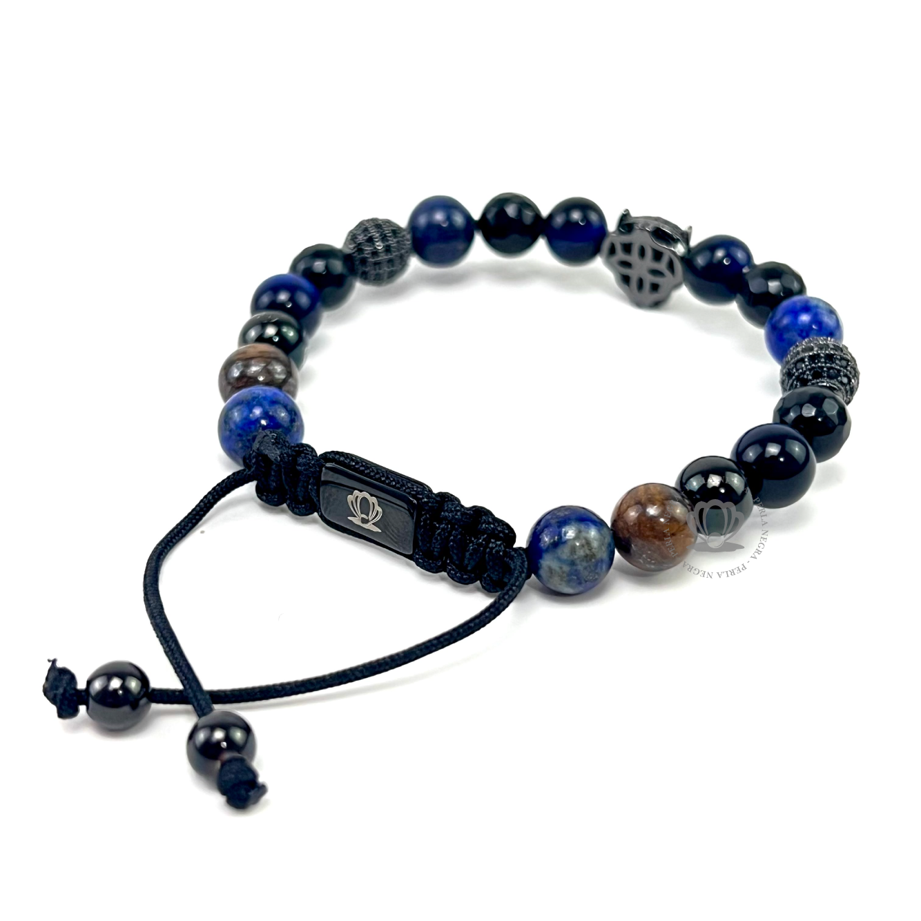 Rhodium Jaguar Black Cz, Blue Tiger Eye & Agata Bracelet