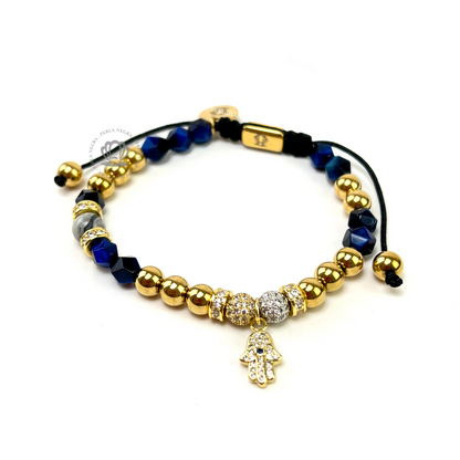 Crystal Blue Tiger Eye & Yellow Gold Hamsa Bracelet