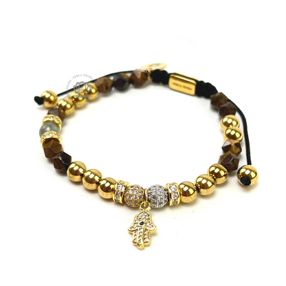 Crystal Brown Tiger Eye & Yellow Gold Hamsa Bracelet