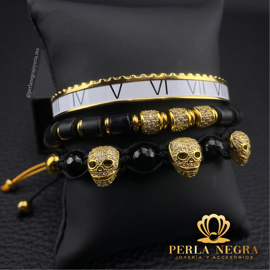 Triple Yellow Gold Skull, Onyx & Roman Bracelet Set