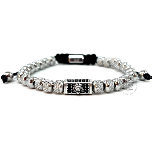 Black Cz Lion & Stainless Steel Silver Beads