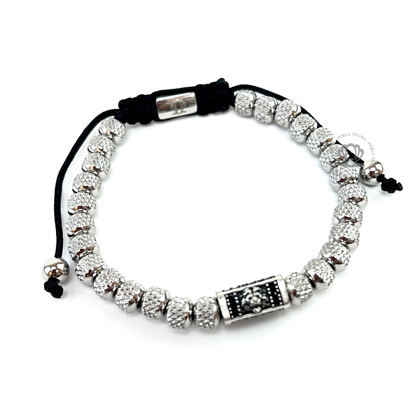 Black Cz Lion & Stainless Steel Silver Beads