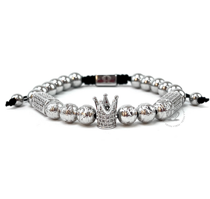 White Gold Skull, Silver Crown & Silver Beads Set