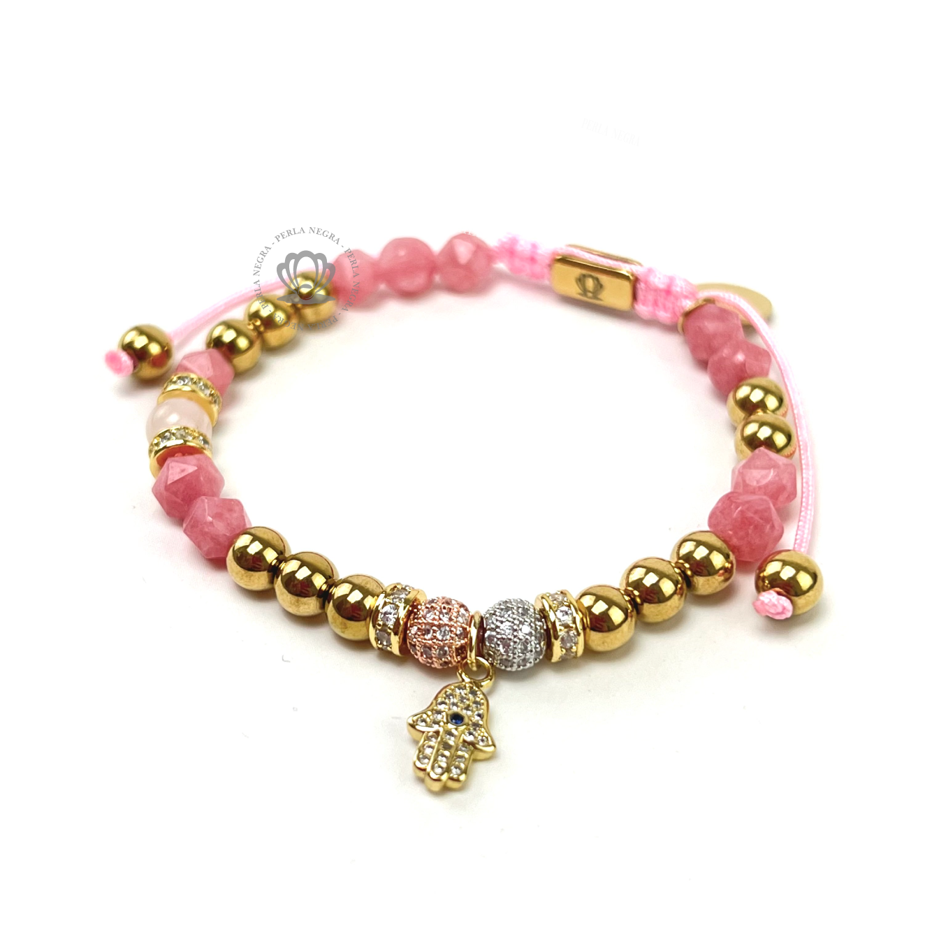 Crystal Pink Quartz & Yellow Gold Hamsa Bracelet