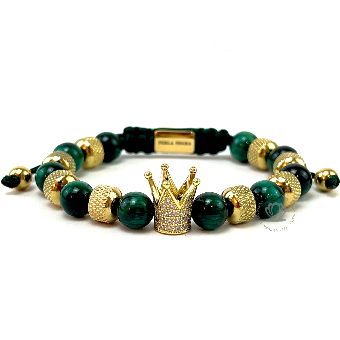 Gold Crown Clear Cz & Green Tiger Eye Beads Bracelet