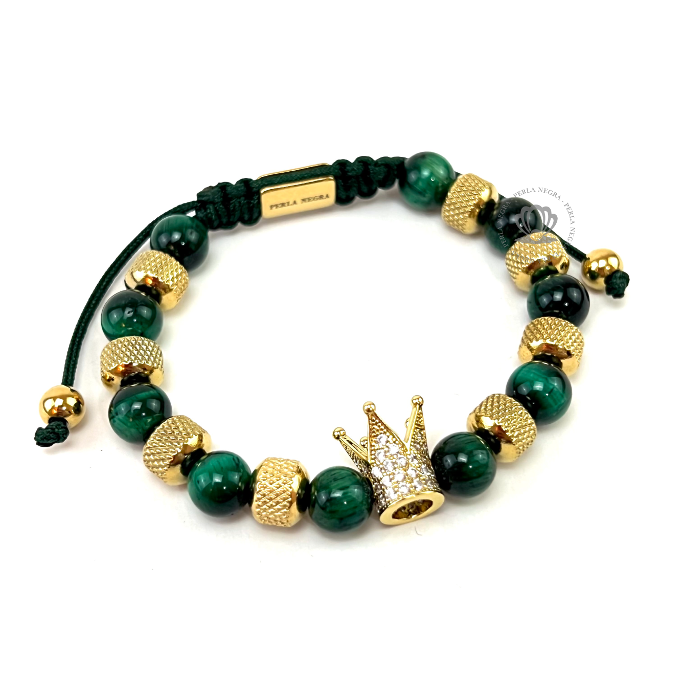 Gold Crown Clear Cz & Green Tiger Eye Beads Bracelet