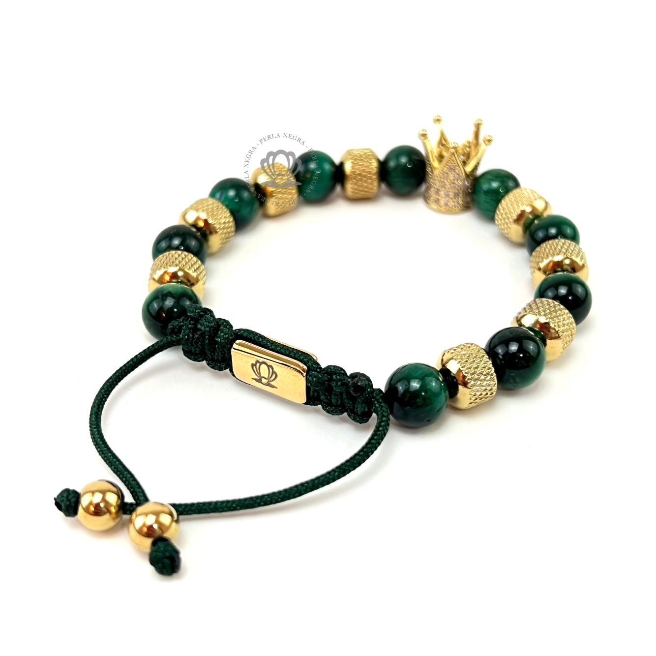 Gold Crown Clear Cz & Green Tiger Eye Beads Bracelet