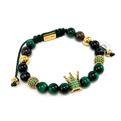 Gold Cz Crown & Green Tiger Eye Bracelet