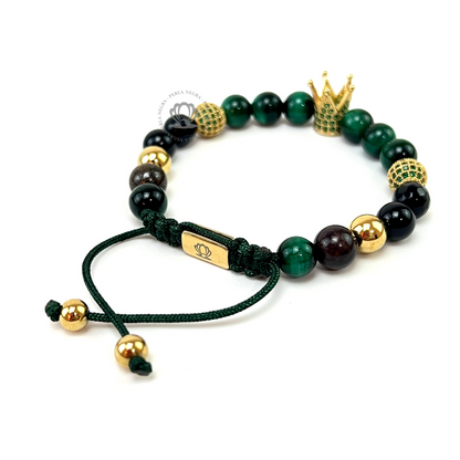 Gold Cz Crown & Green Tiger Eye Bracelet