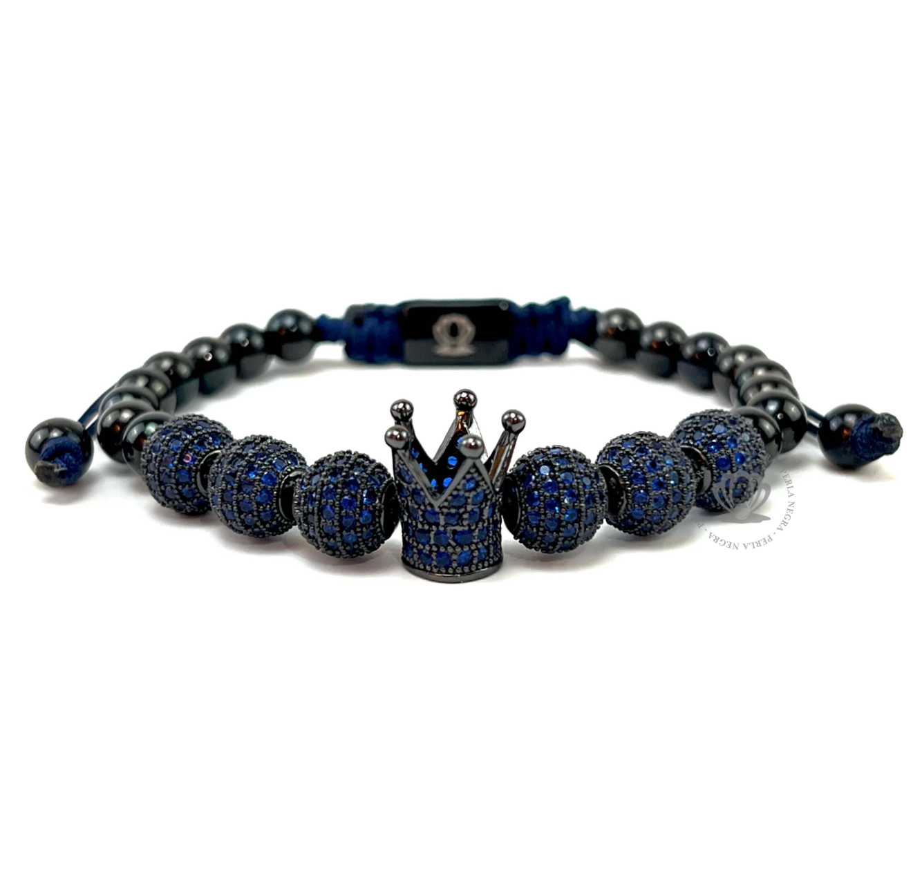 Rhodium Crown, Blue Tiger Eye Beads &  Jaguar Blue Cz