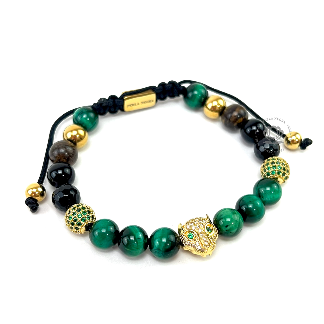 Yellow Gold Jaguar Green Tiger Eye & Agata Bracelet