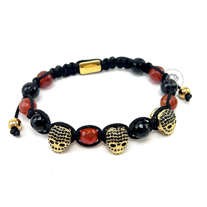 Triple Yellow Gold Skull Black Cz Bracelet