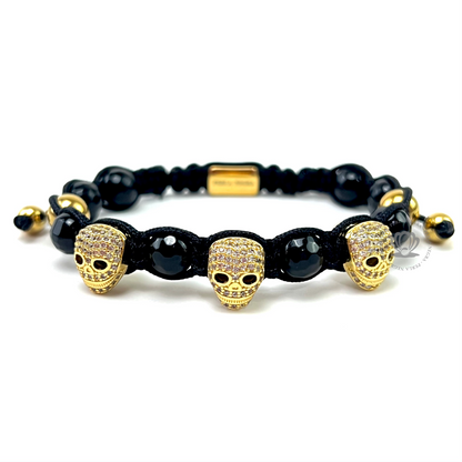 Triple Yellow Gold Skull, Onyx & Roman Bracelet Set