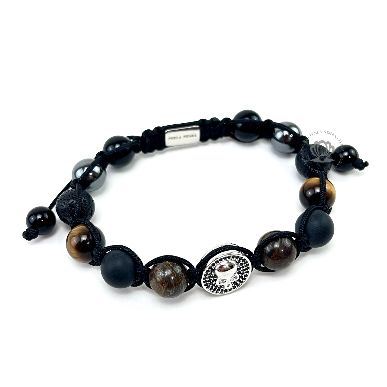 White Gold Cz Skull, Brown Tiger Eye & Onyx Bracelet