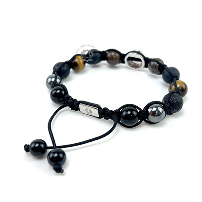 White Gold Cz Skull, Brown Tiger Eye & Onyx Bracelet