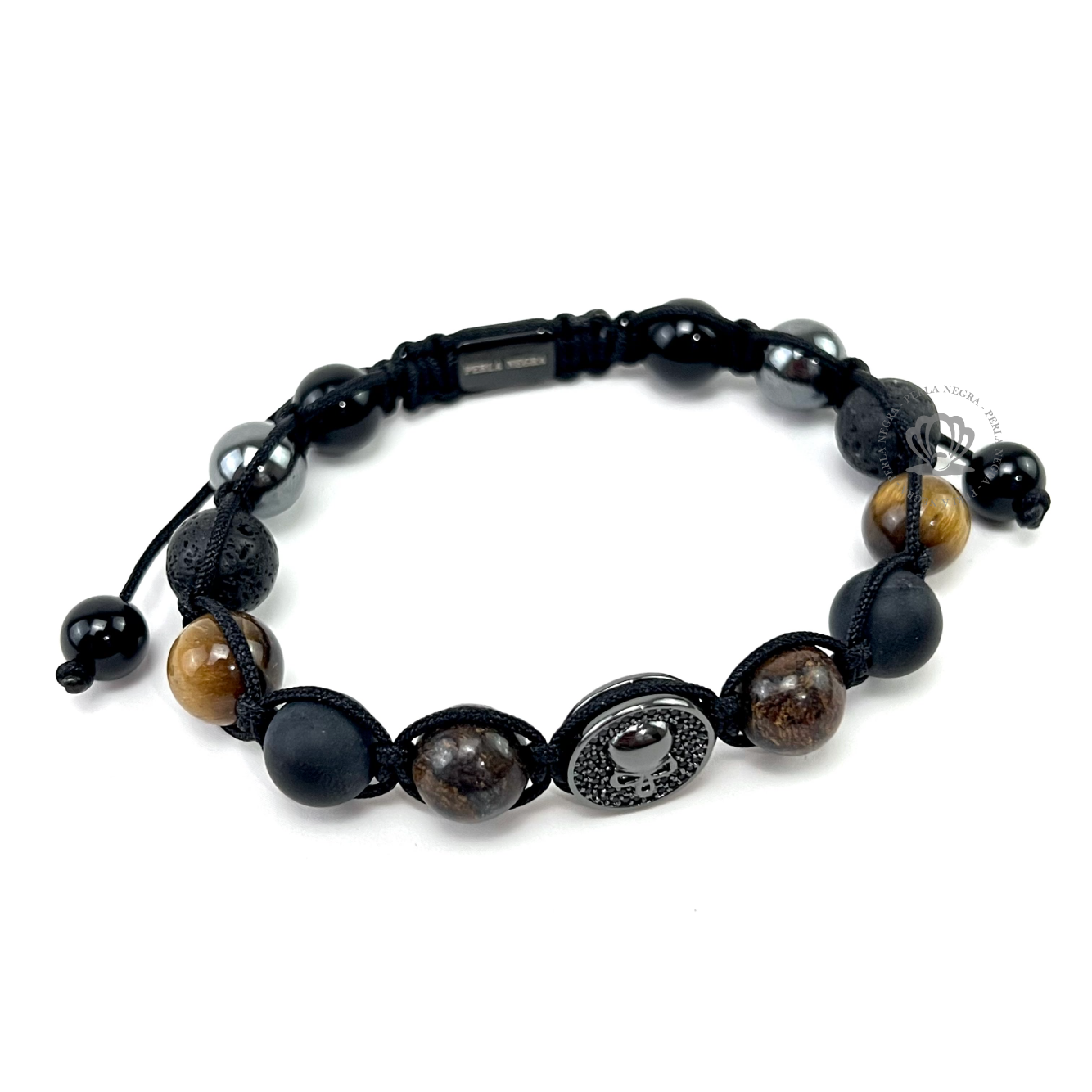 Rhodium Cz Skull, Brown Tiger Eye & Onyx Bracelet