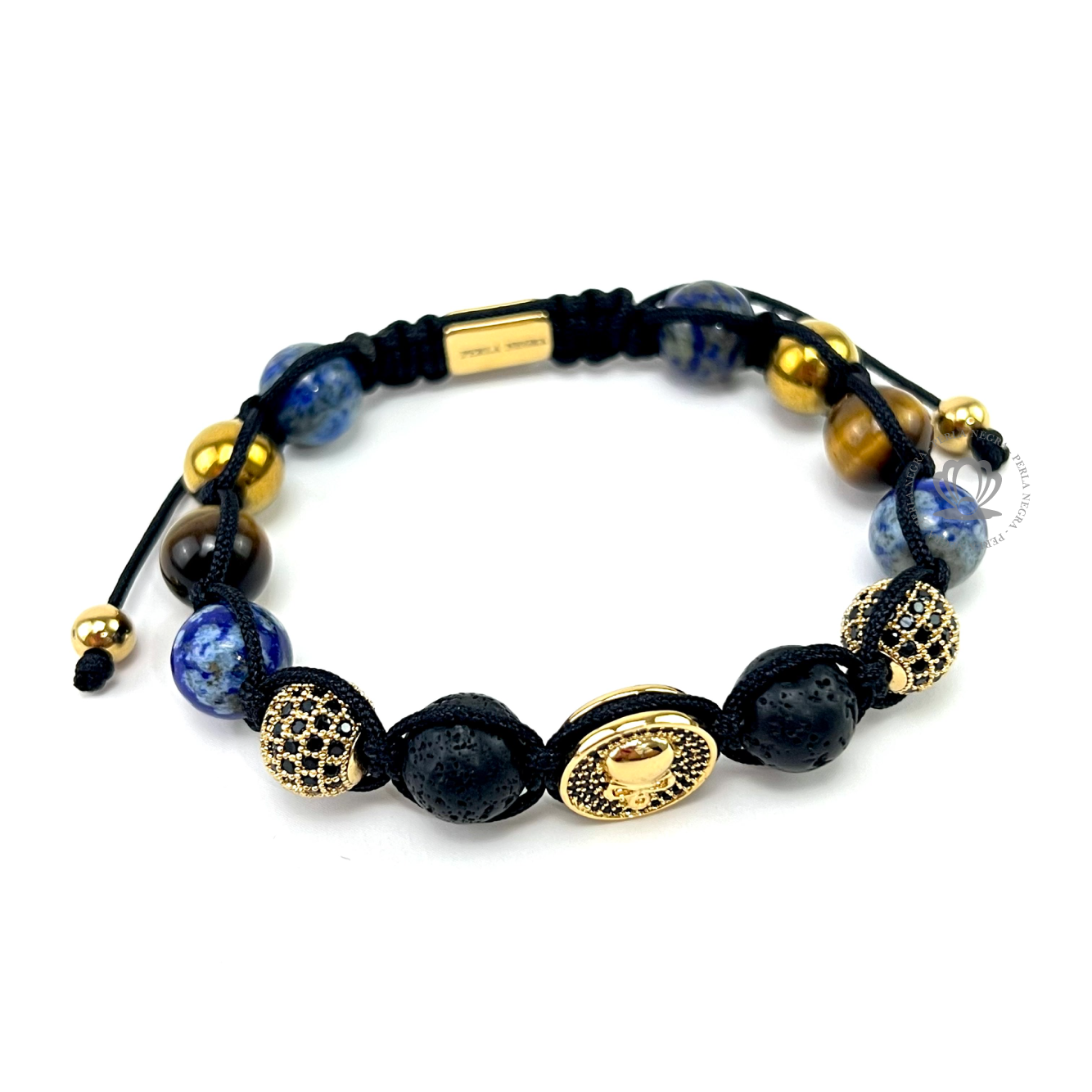 Yellow Gold Cz Skull, Lava & Lapislázuli Beads - perlanegramx