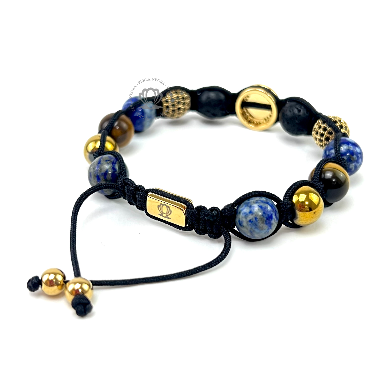 Yellow Gold Cz Skull, Lava & Lapislázuli Beads - perlanegramx