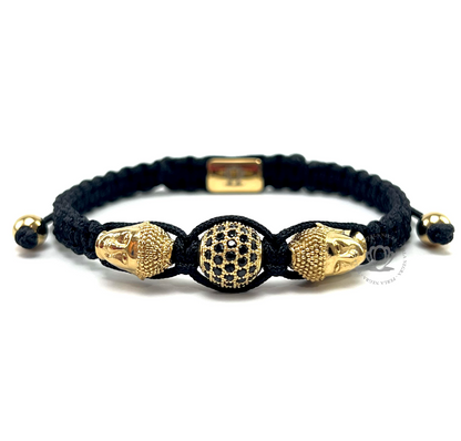 Double Gold Buda, Onyx & Black Cz Curved Bracelet