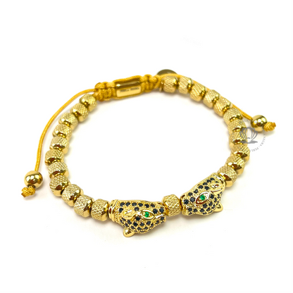 Double Black Cz Jaguar & 18k Gold Beads Bracelet