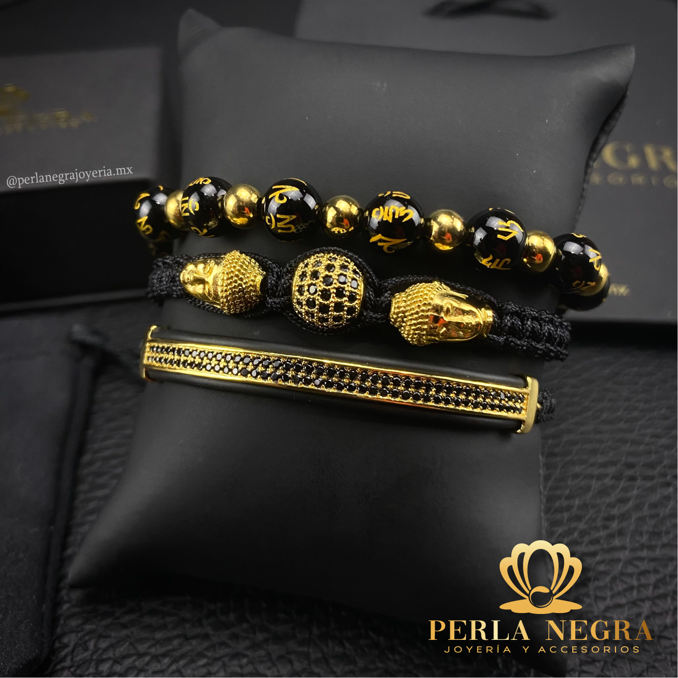 Double Gold Buda, Onyx & Black Cz Curved Bracelet