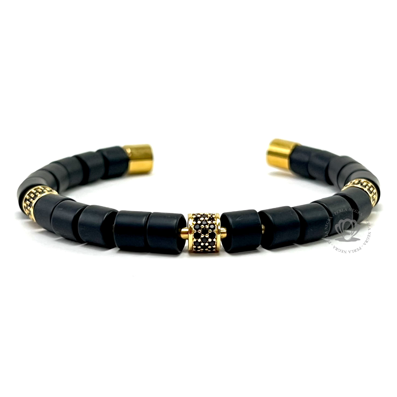 Yellow Gold Cz Barrel & Black Onix Bracelet - perlanegramx