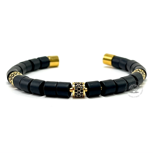 Yellow Gold Cz Barrel & Black Onix Bracelet - perlanegramx