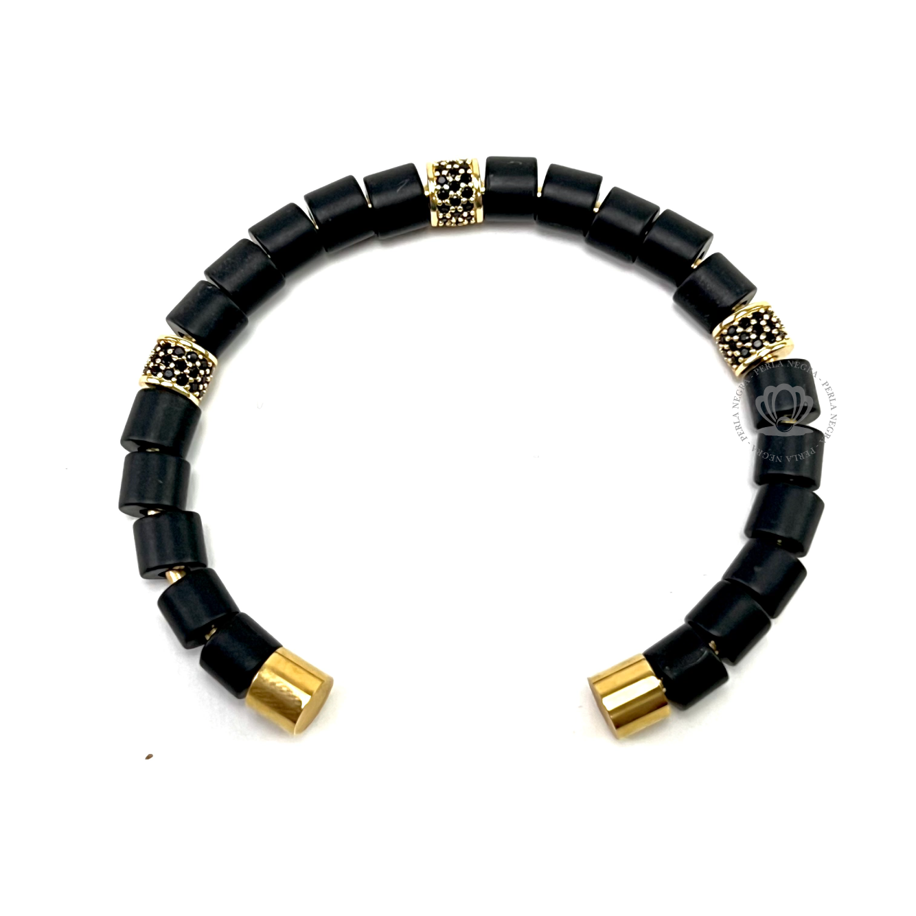 Yellow Gold Cz Barrel & Black Onix Bracelet - perlanegramx