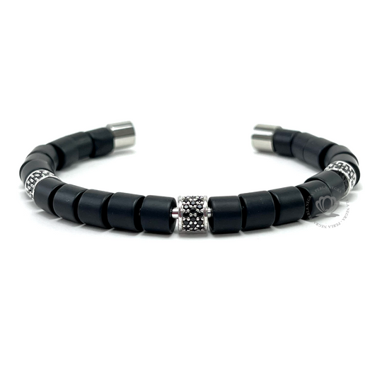 White Gold Cz Barrel & Black Onix Bracelet - perlanegramx