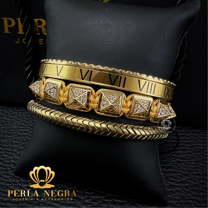 Yellow Gold Cz Pyramid & Roman Speed Bracelet Set