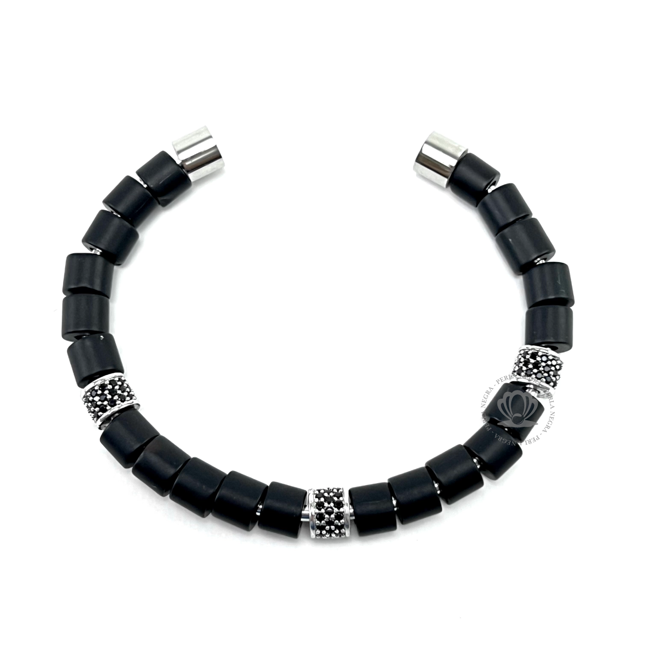 White Gold Cz Barrel & Black Onix Bracelet - perlanegramx