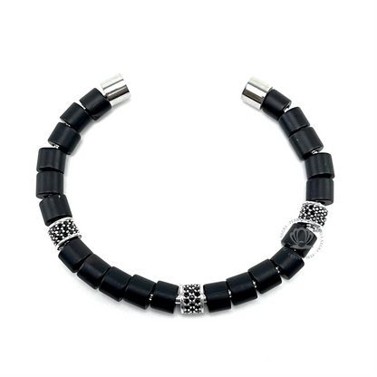 White Gold Cz Barrel & Black Onix Bracelet - perlanegramx