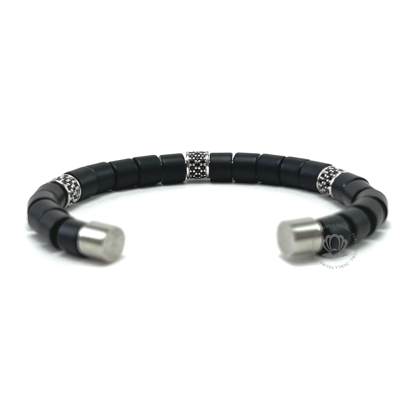 White Gold Cz Barrel & Black Onix Bracelet - perlanegramx